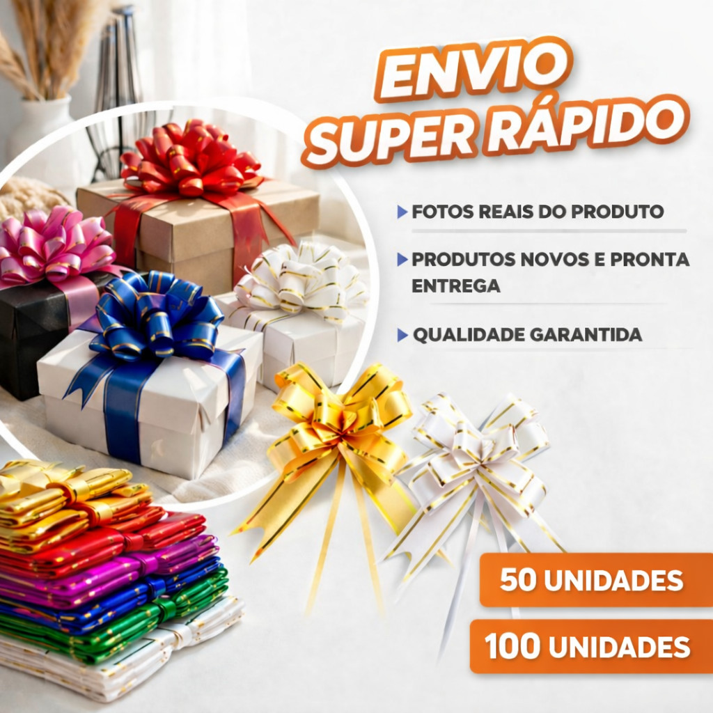 50 E 100 Laços Mágicos Para Presente C/ Filete Dourado P/M/G Cores Sortidas