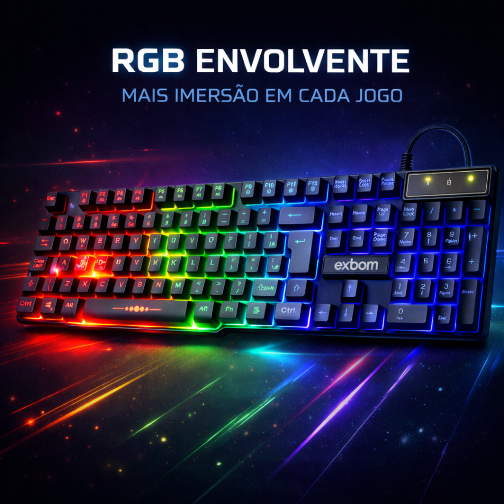 TECLADO GAMER RGB ABNT2 Semi Mecânico LED USB PC Notebook PS5 Alta Performance Exbom
