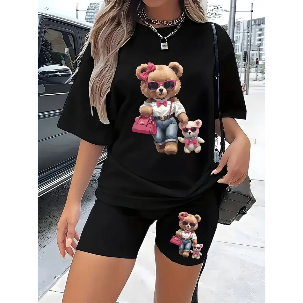 Conjunto Feminino Academia Camiseta + Bermuda Estampa Ursinha Estilosa