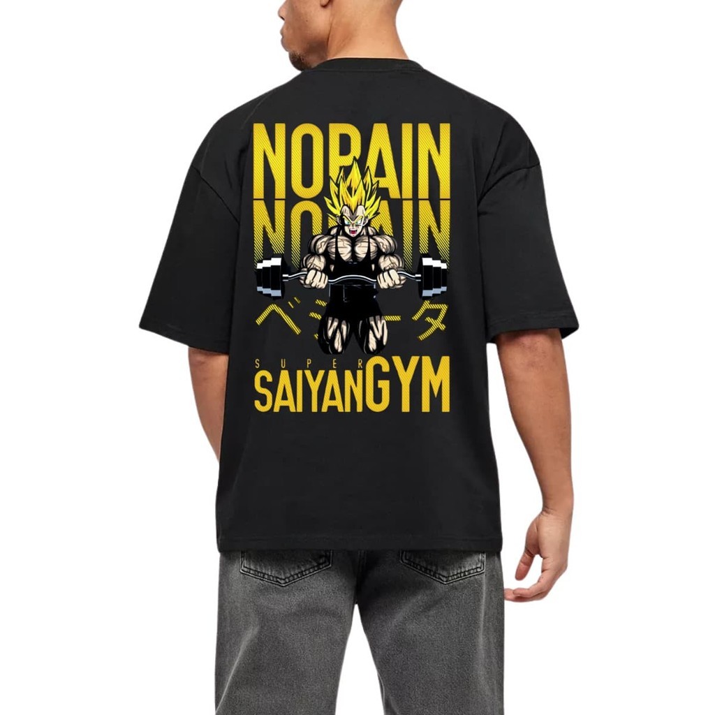 Camiseta Oversized Preto Academia Confortável Algodão "Vegeta No Pain no Gain" Camisa Treino Larga