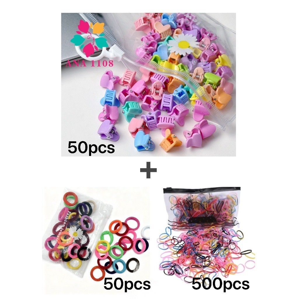 sufur ANA1108 Kit 500 Elastico de cabelo+50 peças Mini Rabicó Xuxinha+50 unidades Mini presilha de cabelo infantil Com B