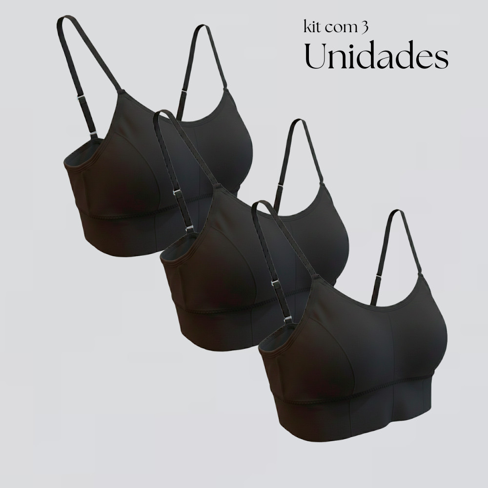 Kit com 3 Tops Poliamida Preto Com Alça Regulável E Bojo Para Academia Treinos e corrida 143 em Oferta na Shopee