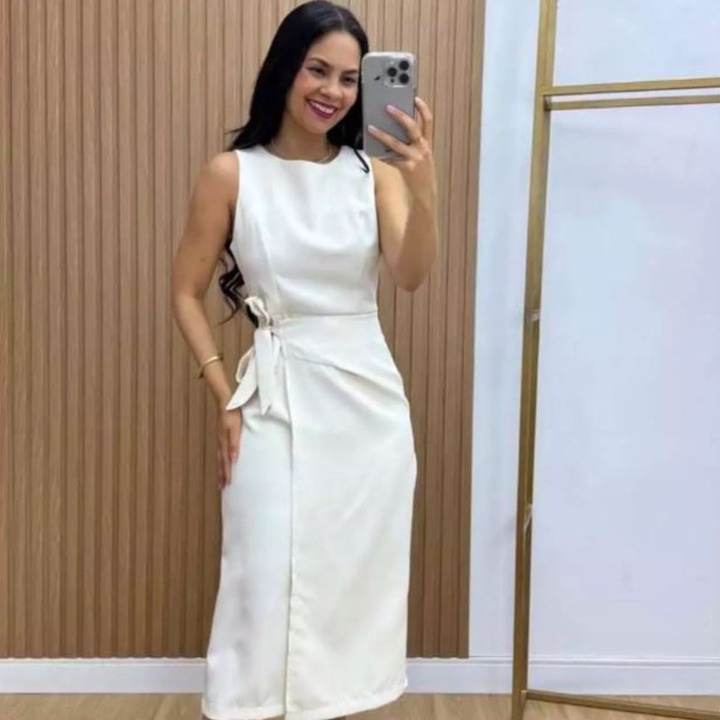 Vestido Alfaiataria Midi Feminino com Amarração Lateral em Oferta na Shopee