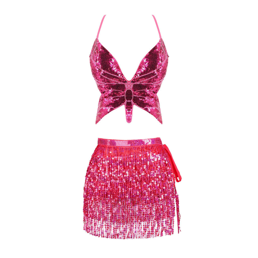 Conjunto Ou Top de Borboleta e LENÇO de Paetê Lantejoula Franjas Carnaval