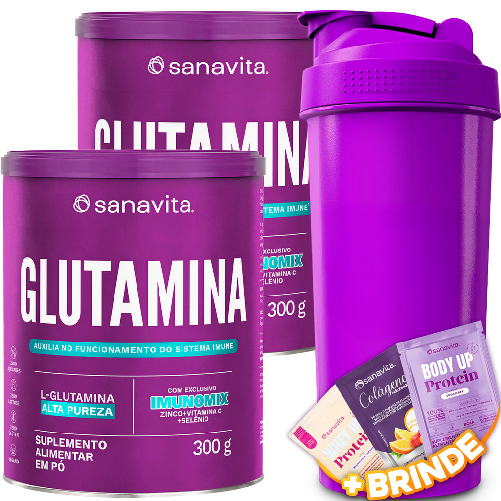 2x Glutamina em Pó 300g Suplemento Alimentar Sanavita Alta Pureza Imunomix Sem Sabor + Coqueteleira