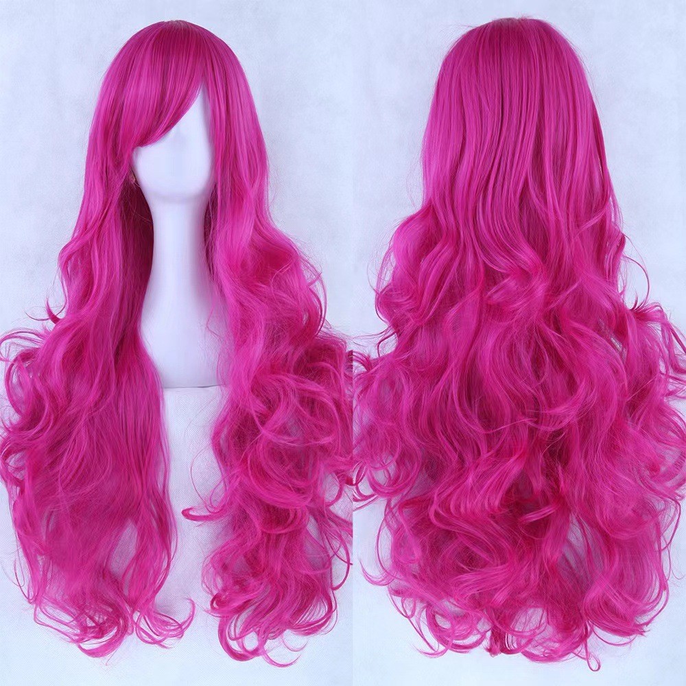 Peruca de Anime Cosplay, Peruca Colorida para Role Play, Cabelo Longo Cacheado 80cm, Peruca com Franjas Laterais