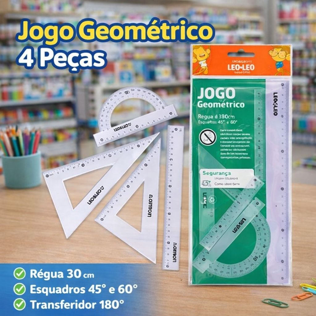 Jogo Geométrico 4 Peças Leo&Leo – Régua 30cm + Esquadros 45° e 60° + Transferidor 180°
