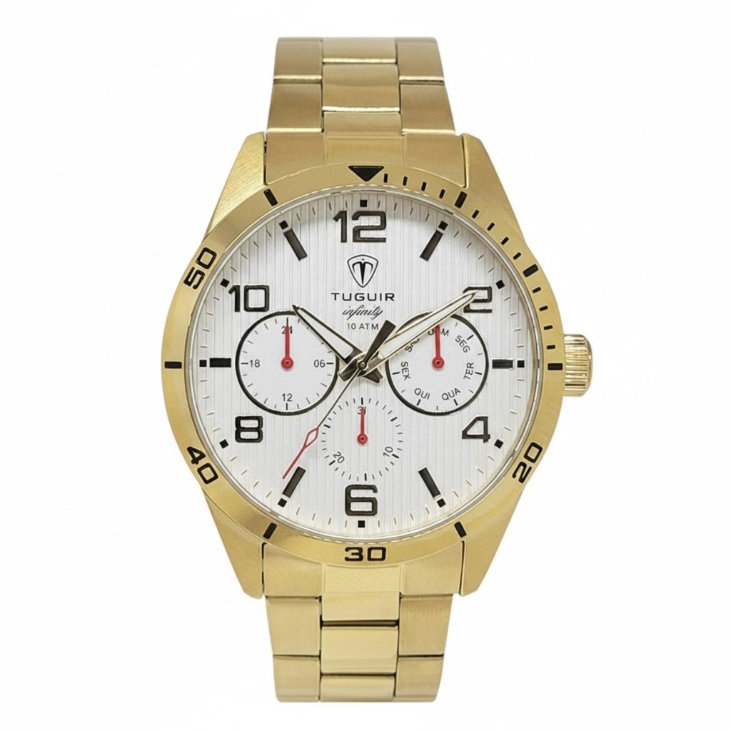 Relógio Masculino de Aço MultiFunção Tuguir Analógico Infinity TGI37060 Dourado e Branco
