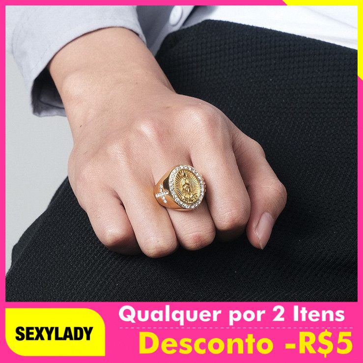 Anel da Virgem Maria para homens, anel de cruz, anel masculino de aço inoxidável cravejado de diamantes, anel 18K
