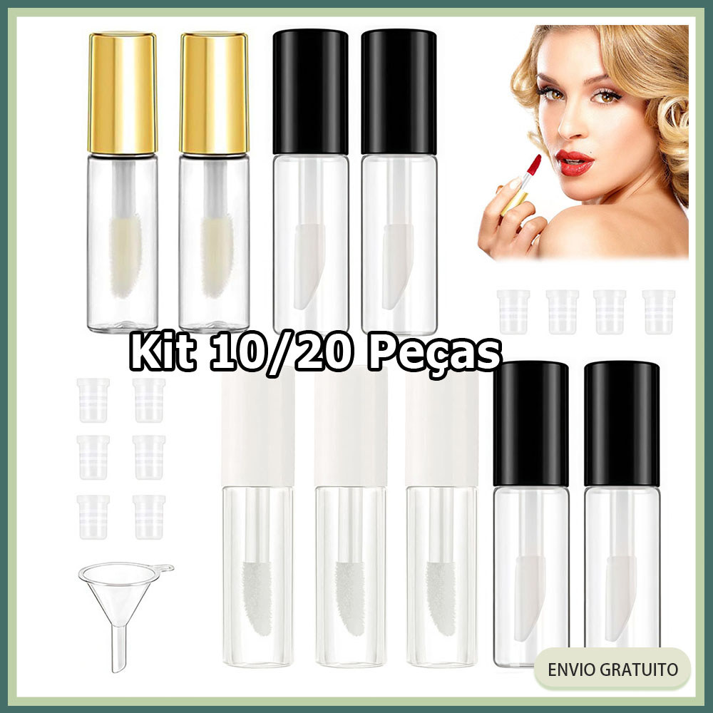 Kit 10/20 Mini tubo de brilho labial de 1,2 ml Frasco de batom de plástico transparente com tampa de borracha + funil