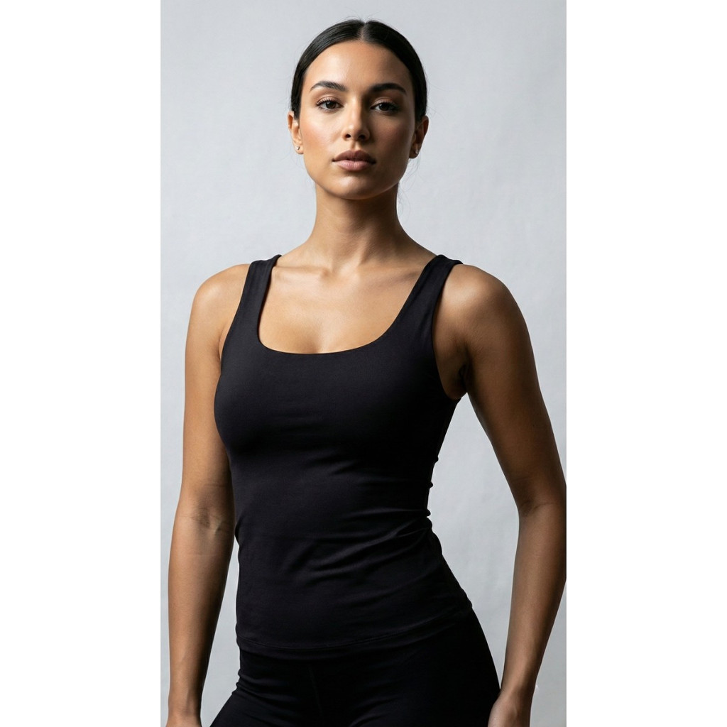 Regata Feminina Básica Preta Alça Larga Gola Quadrada Malha Poliéster com Elastano Romantic em Oferta na Shopee