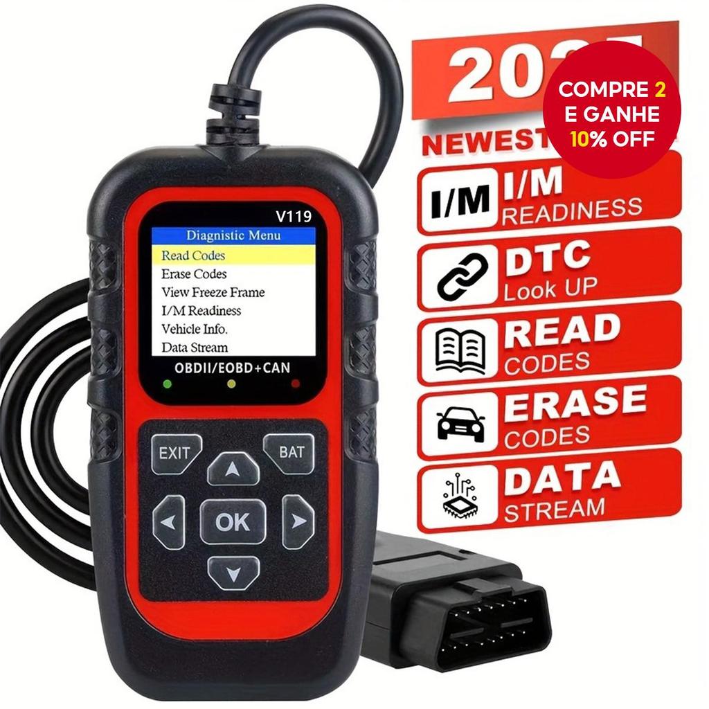 Ferramenta de diagnóstico OBD II CAN V119, scanner avançado de número de erro do motor, lê e apaga veículos de 1996 em em Oferta na Shopee