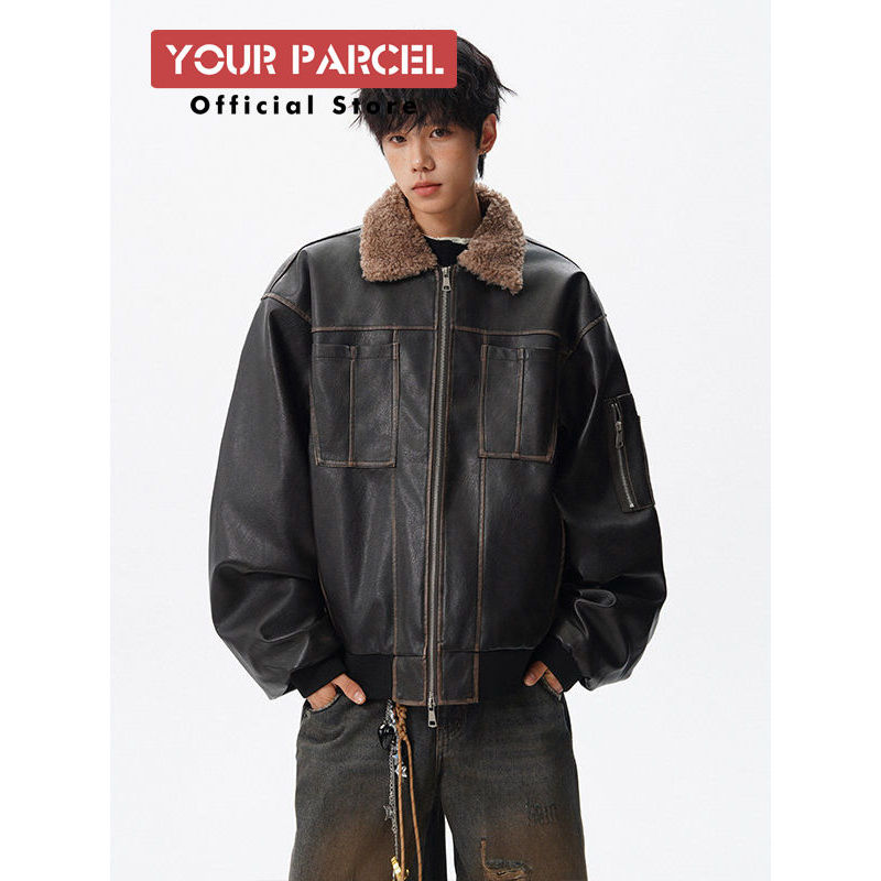 Cordeiro velo lapela couro algodão acolchoado jaqueta das mulheres dos homens inverno americano High Street macacão jaqu