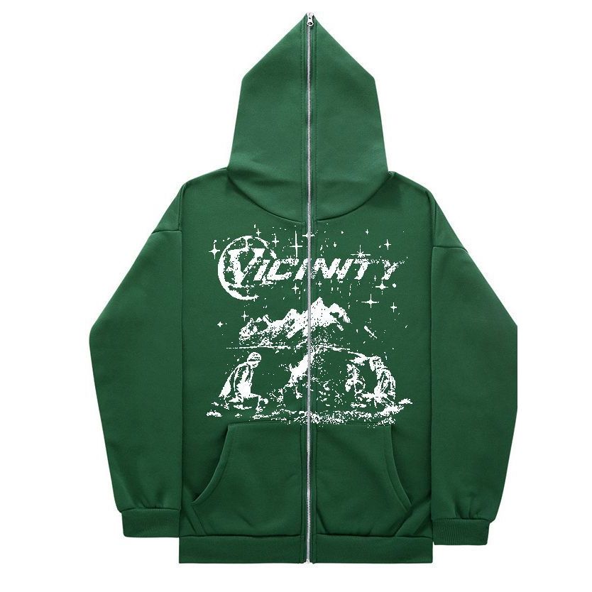 Moletom com Zíper Impresso Estilo Europeu e Americano Casual Hip Hop Cardigan com Capuz