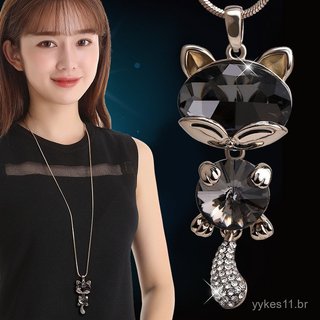 Colar longo com pingente de cristal em forma de gato pequeno, acessório de vestuário de outono e inverno, estilo coreano