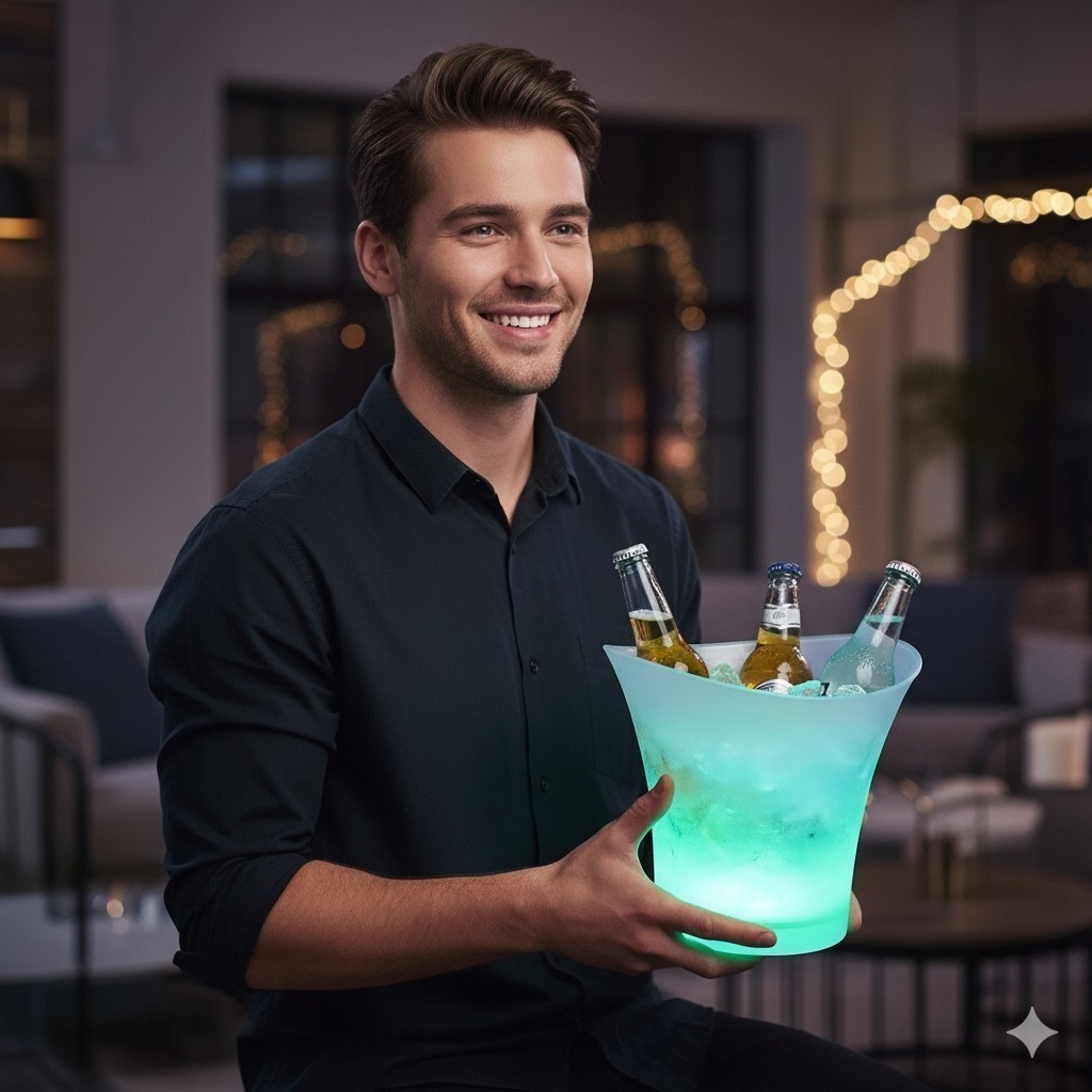 Balde Bebidas LED Cooler Caixa Som Branco Iluminação Gelo Festa Reuniões - Miniatura 2