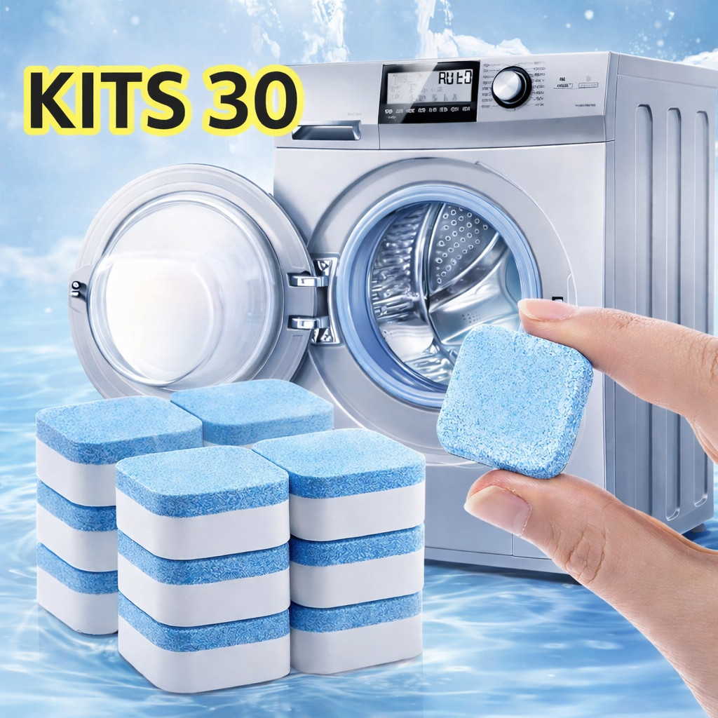 Imagem Kit 30 Pastilhas Limpa Máquina de Lavar Roupa Efervescente Removedor de Odor Limpeza Profunda