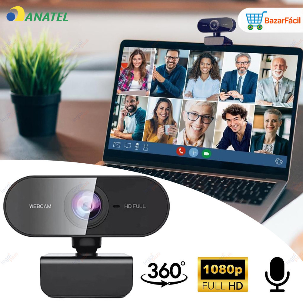 Webcam HD 1080p Microfone 360° Giratória Ajuste Livre para PC Notebook Home Office