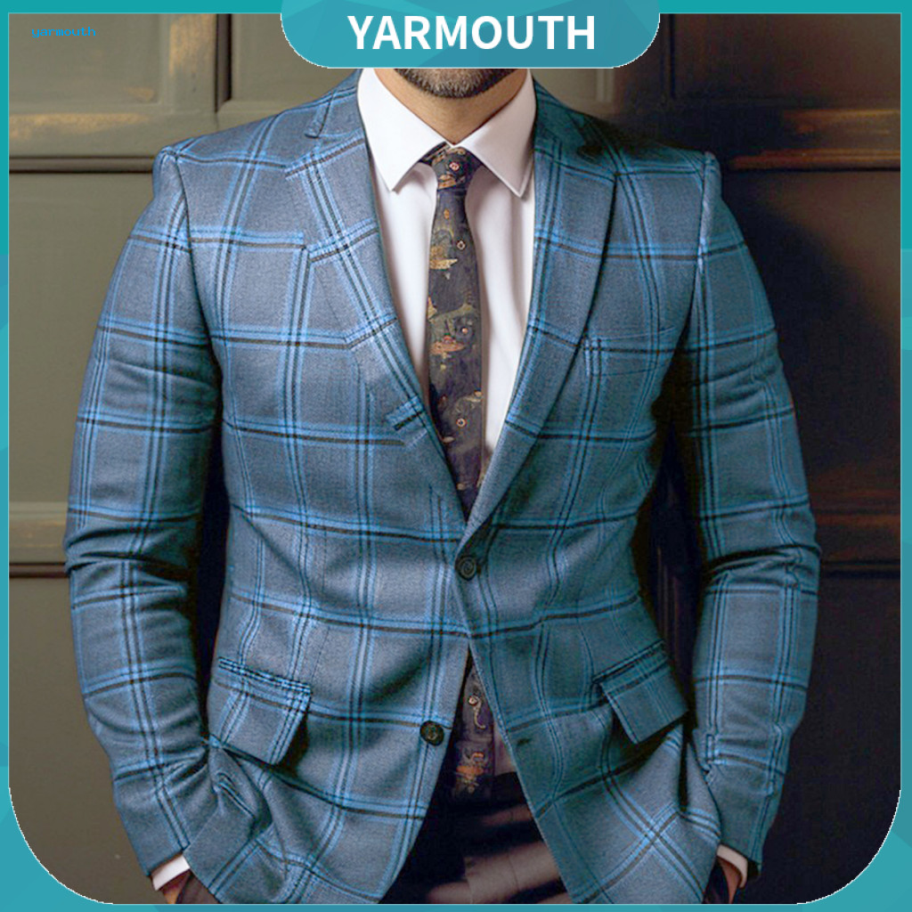Lapel Suit Coat Long-sleeve Businesscoat Men's Formal Slim Fit Plaid Single Button Mid-length Blazer Business Office Wor