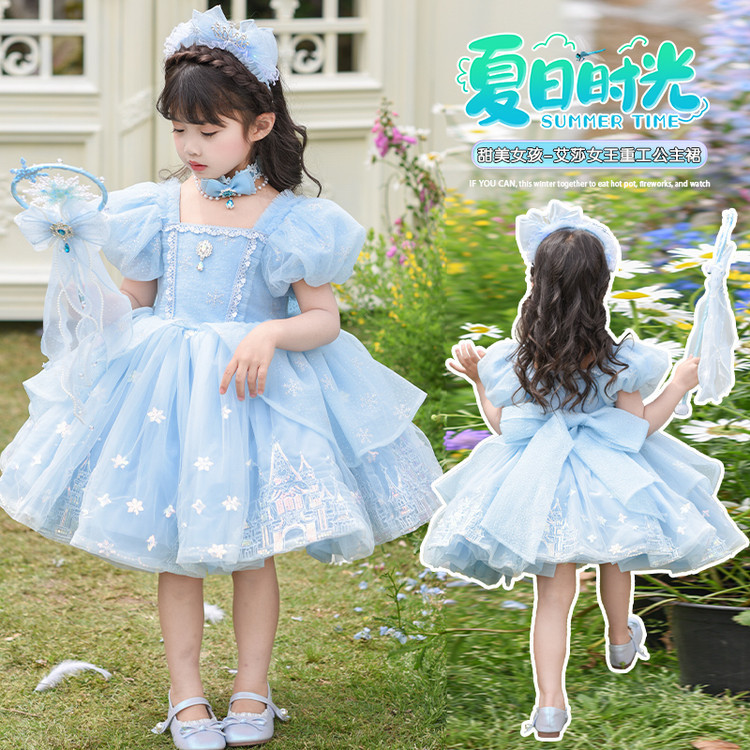 Novo Lolita vestido de princesa menina crianças verão congelado menina Elsa vestido de aniversário vestido na moda