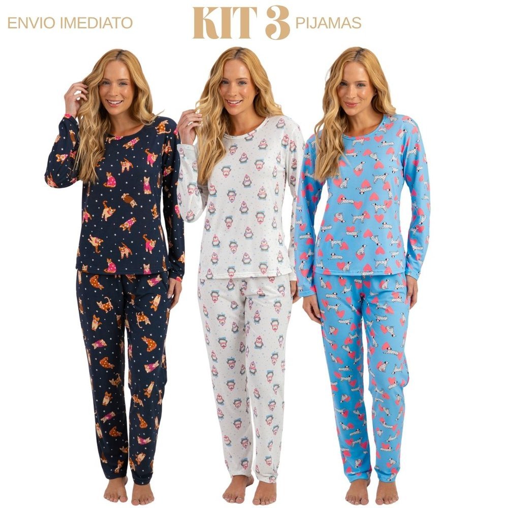 Kit 3 Pijamas Feminino Inverno Macio Confortável P ao GG Promoção Barato