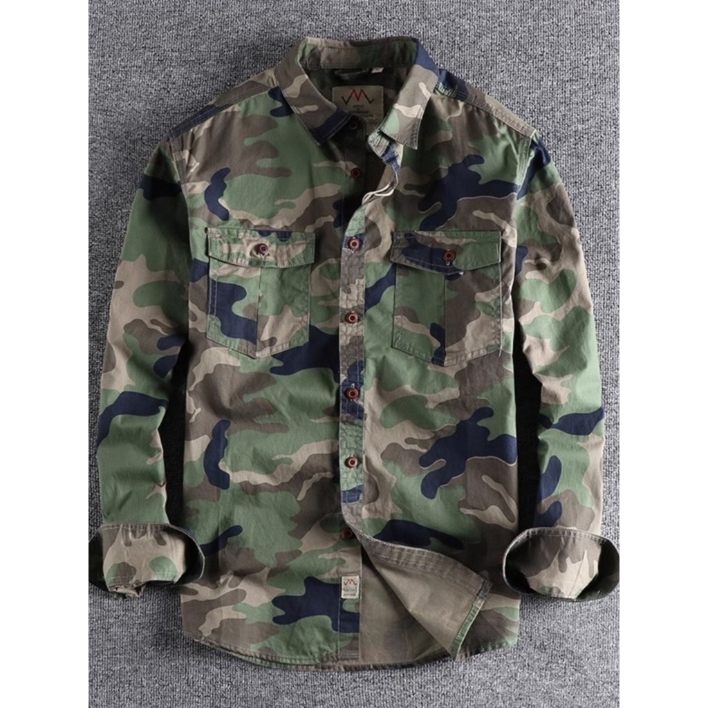 Primavera outono camuflagem camisa masculina americano ferramentas camisa de manga comprida masculina bolso duplo All-Ma
