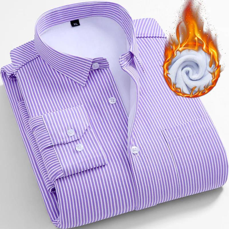 Camisa quente de inverno masculina listras roxas negócios Casual camisa de manga comprida forro de lã engrossado pai usa