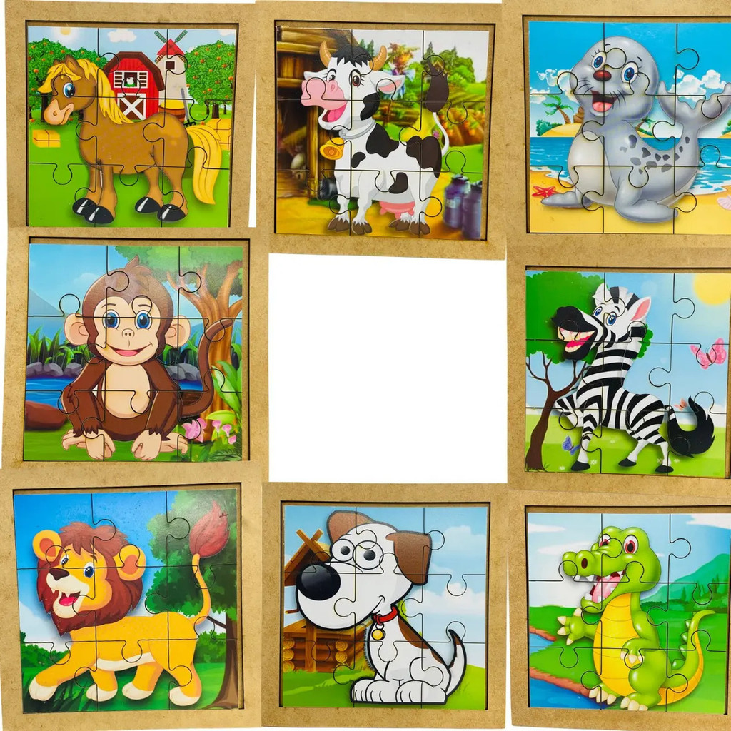 Kit 10 Quebra Cabeça Mdf 9 Peças Animais Infantil Educativo