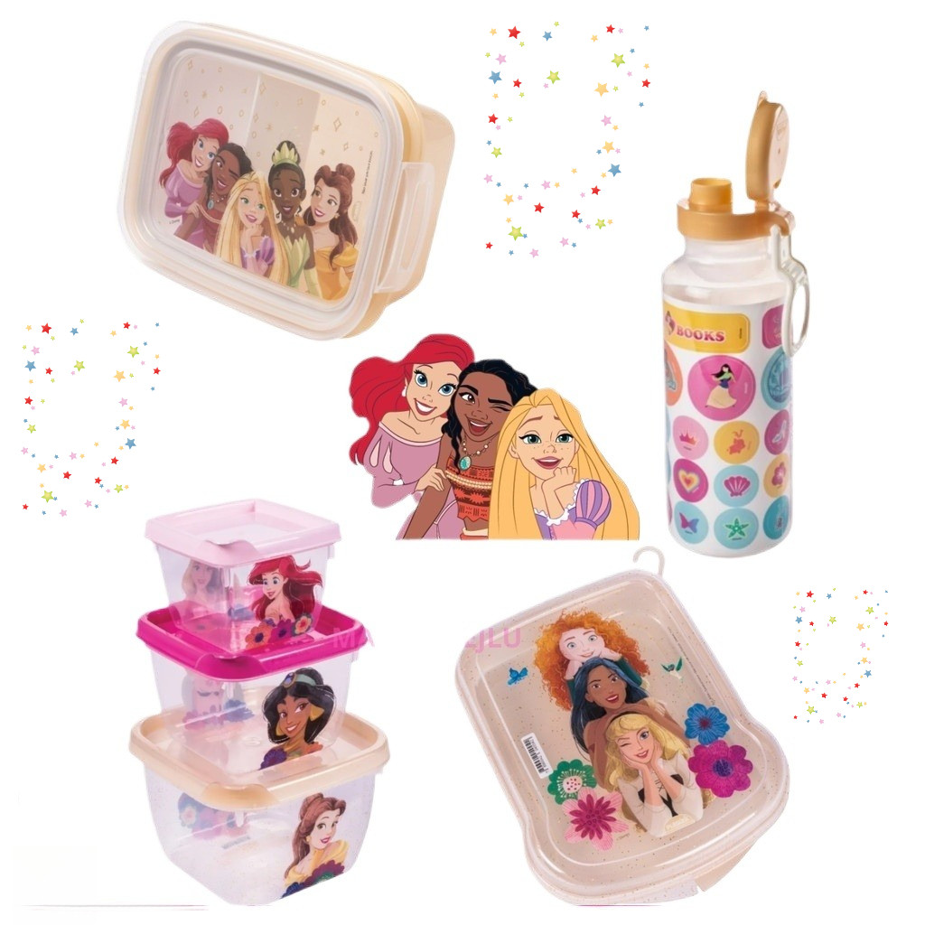 Kit Lancheira com 04 Itens Sanduicheira Garrafa Marmita Princesas Plasútil Lanche Escolar Frutas Plasútil
