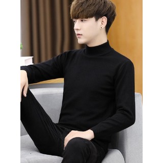 Suéter masculino meia gola alta outono inverno All-Match Slim-Fit camisa de fundo de malha preto puro suéter de gola méd
