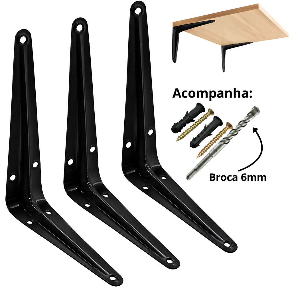 Kit Suportes Mão Francesa Preta 15 X 20cm Prateleira Tábua Cantoneira Reforçada Preta - BBP