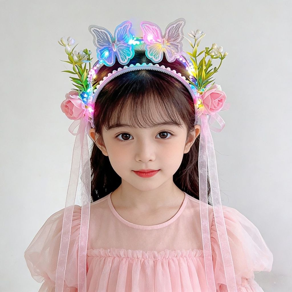 Tiara Brilhante para Meninas, Acessório de Cabelo com Borboleta e Flor para Apresentações do Dia das Crianças, Presilha
