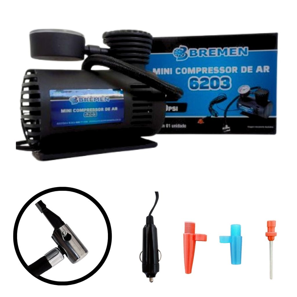 Compressor de Ar para Encher Pneu de Carro Moto e Bicicleta Liga no Acendedor de Cigarro