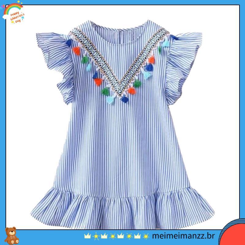 Vestido Infantil Azul Claro Listrado Invertido Manga Com Babado Festas Aniversário Luxo