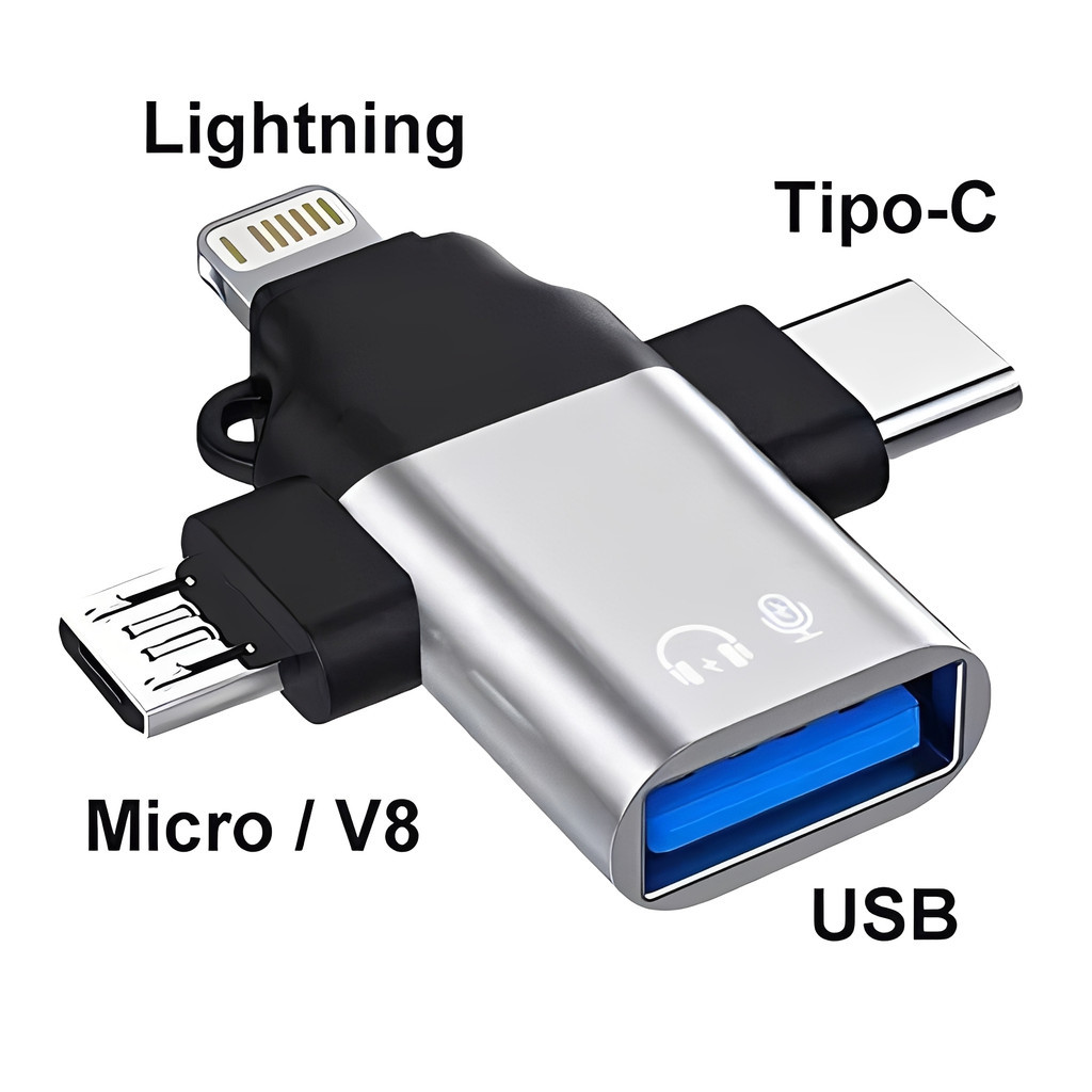 Adeptador OTG 3 Em 1 USB para  Type-C, Lightning e Micro USB Portátil Universal Multifuncional