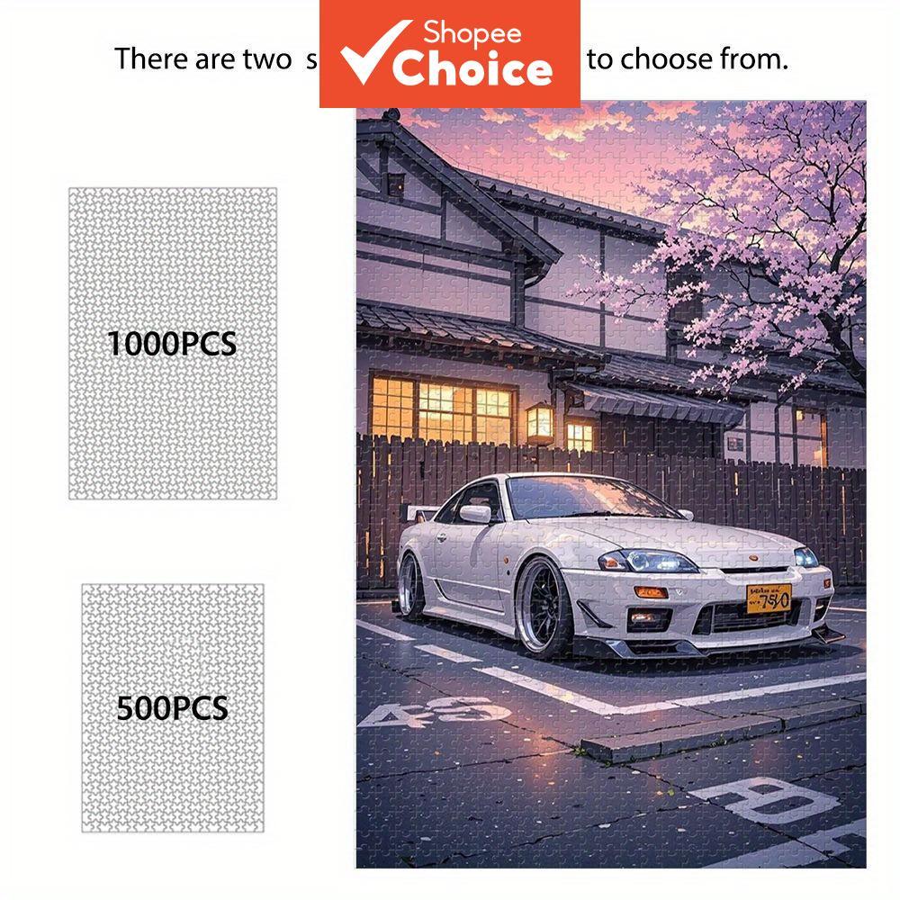 Quebra-cabeça Colorido 500/1000 Peças, Arquitetura Japonesa, Cerejeiras em Flor e Carro Esportivo Branco, Coleção