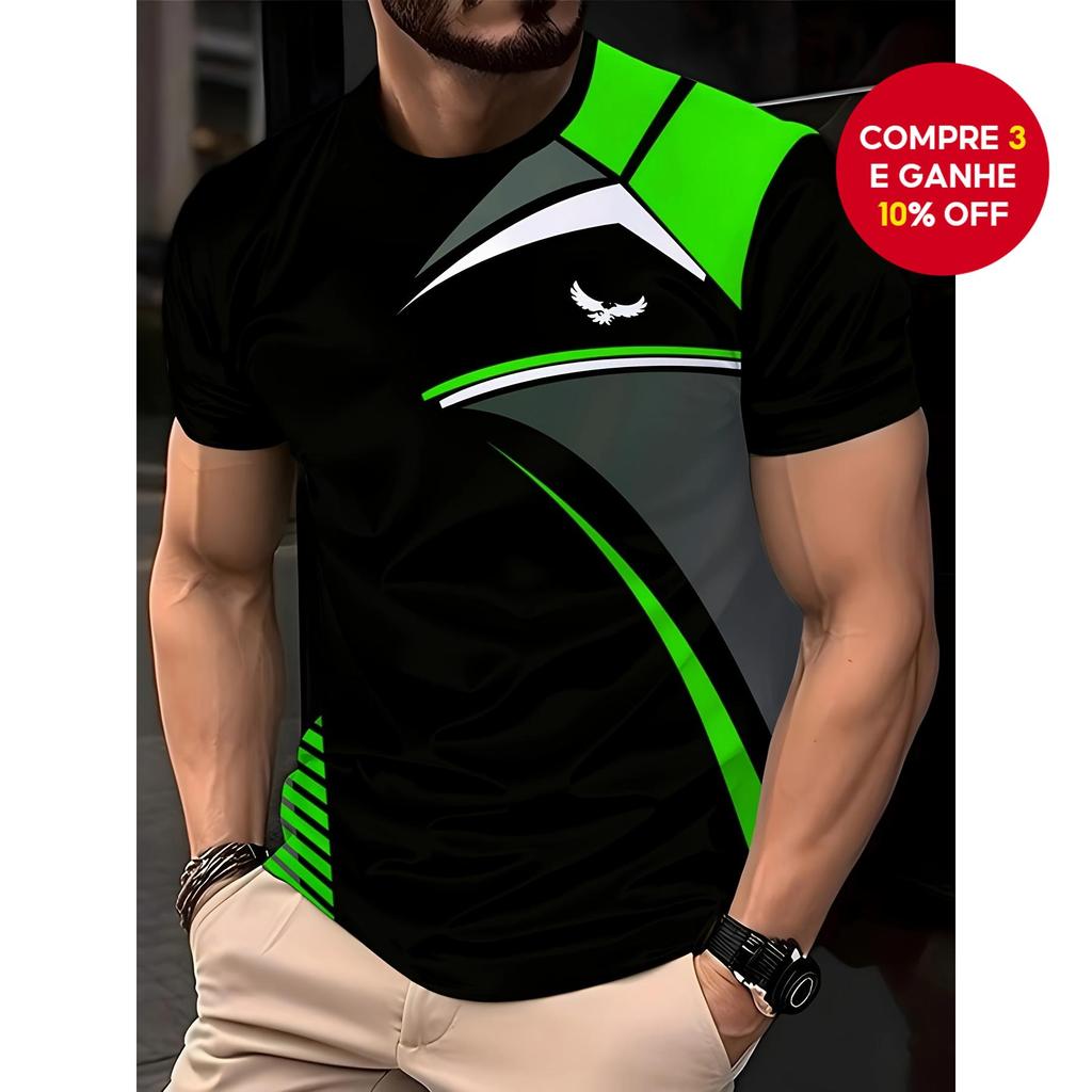 Top Casual Masculino Com Gola Redonda E Manga Curta – Contraste Geométrico Dinâmico , Estilo Energético Esportivo Para V