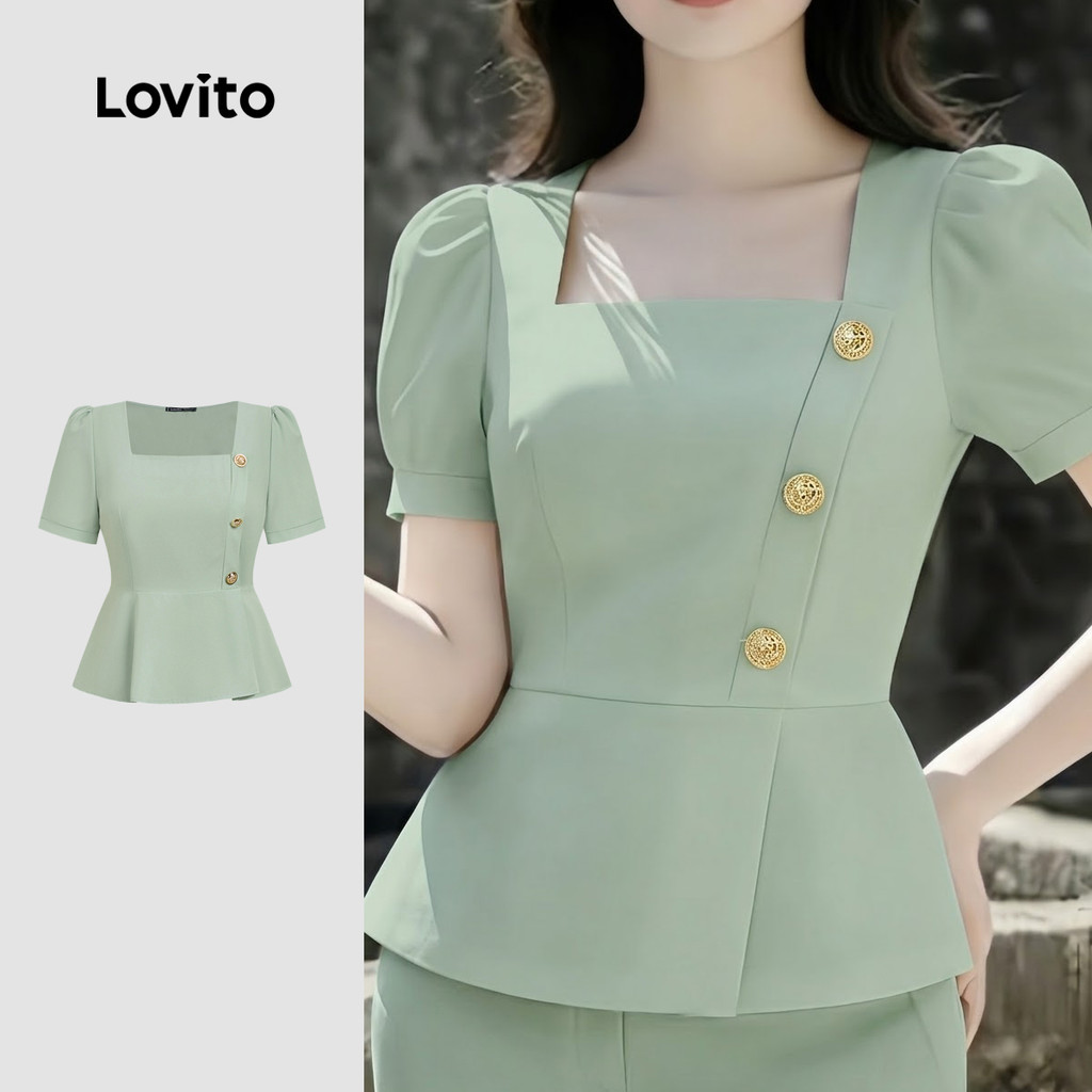 Lovito Blusa Casual Botão Assimétrica Verde Primavera/verão Blusa Feminina L189ED084