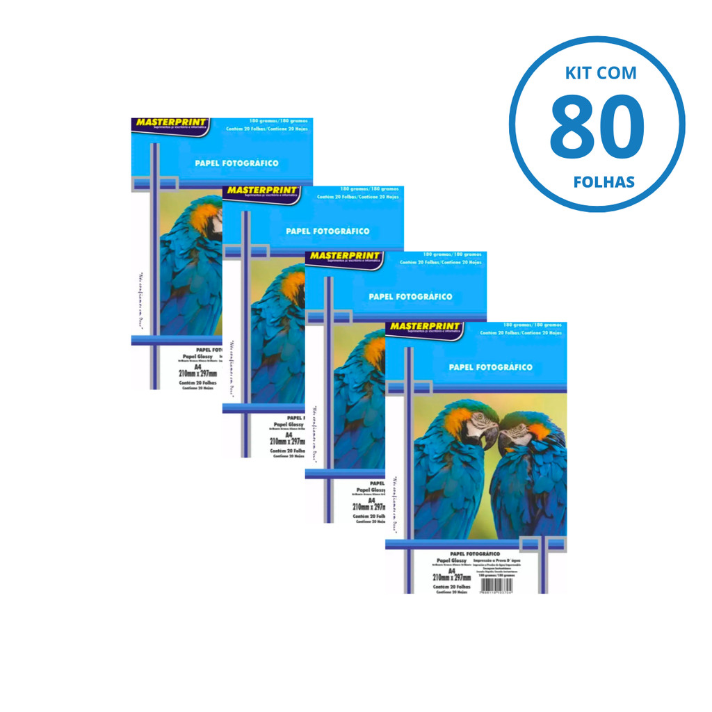 Kit 80 Folhas de Papel Fotográfico A4 Sem adesivo 180g Brilhante – 4 Pacotes c/ 20