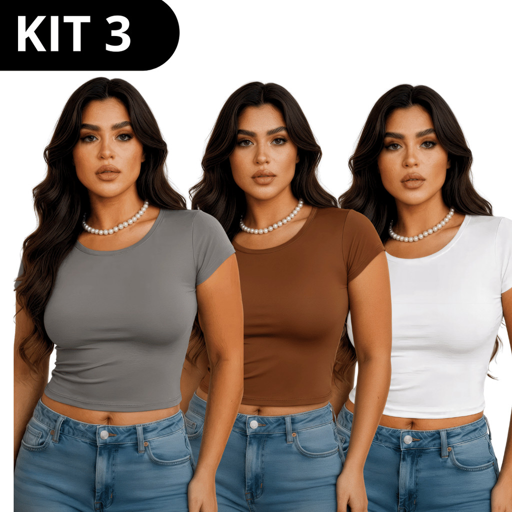 Kit 3 Baby Tee Feminina Slim Fit Manga Curta Baby Look