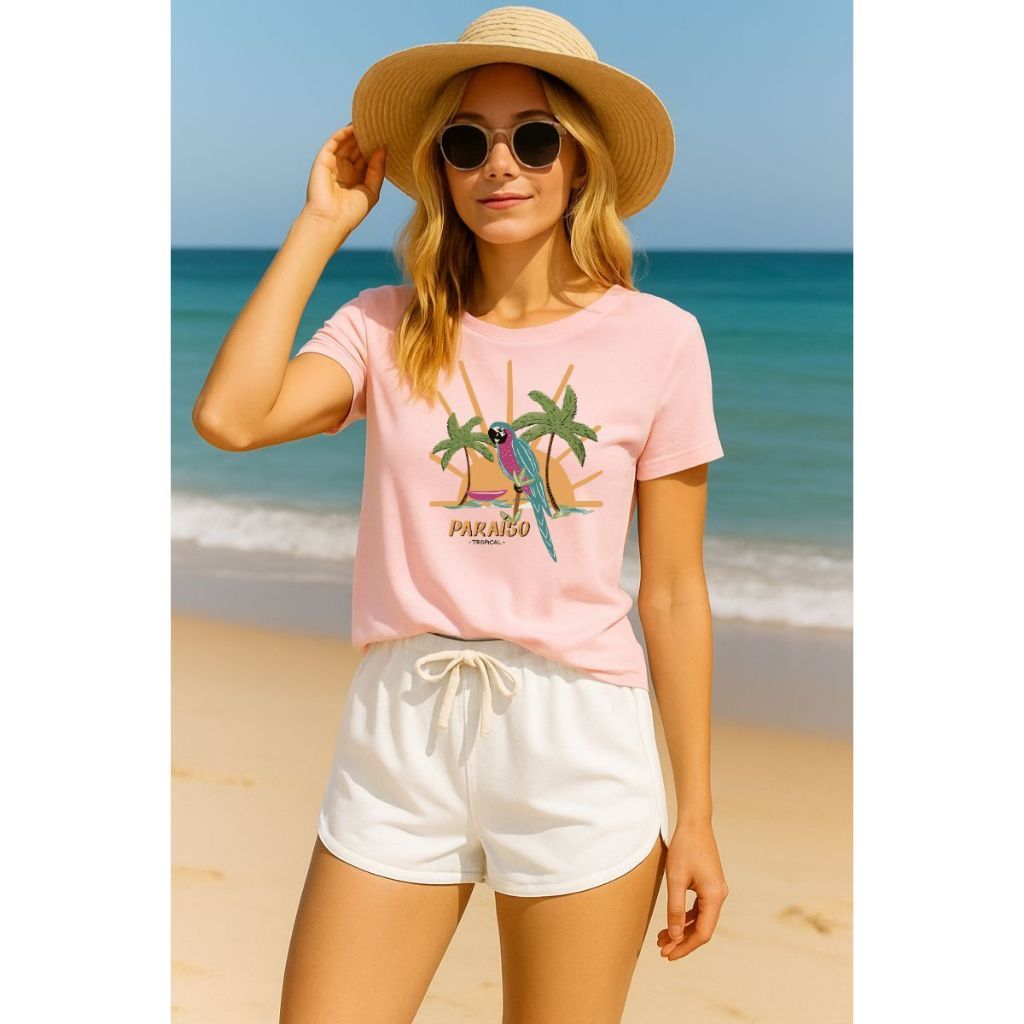 KIT PRAIA T-Shirt Estampada ARARA TROPICAL com Camiseta 100% Algodão e Short Tactel com Elastano