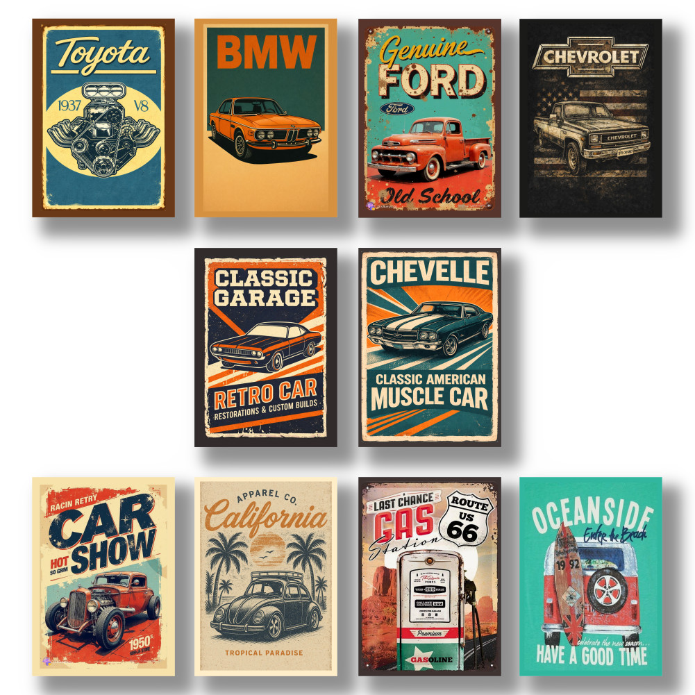 Kit 10 Placas Quadros Decorativos MDF Carros Vintage Retrô em Oferta na Shopee