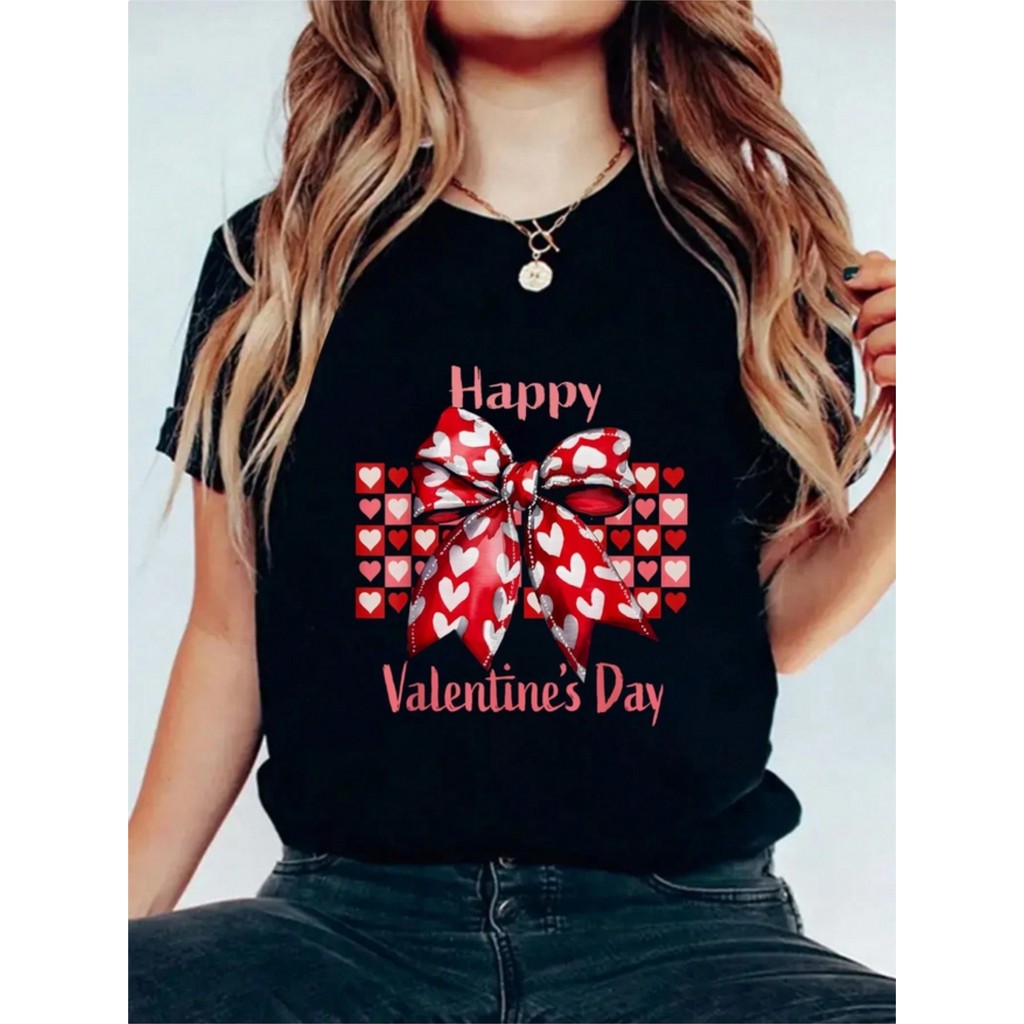 Camiseta Feminina Valentine's Day Vermelho Coração Laço "Happy Valentine's Day" Lettering Confortável