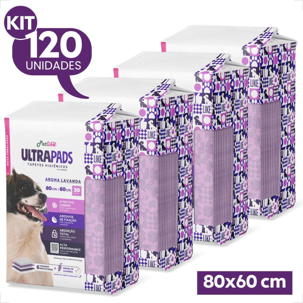 Kit 4 Tapete Higiênico PetLike Ultra Pads Lavanda 80x60 - 120 Unidades