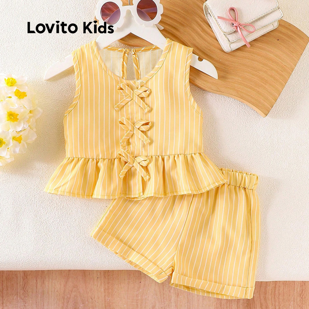 Lovito Kids Conjuntos de Shorts Fofos com Laço e Barra Ruffle Primavera/verão Shorts Sets amarelos L162LD205 em Oferta na Shopee