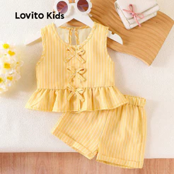 Lovito Kids Listrado Casual Conjuntos de Shorts Fofos com Laço e Barra Ruffle Primavera/verão Shorts Sets amarelos L162LD205
