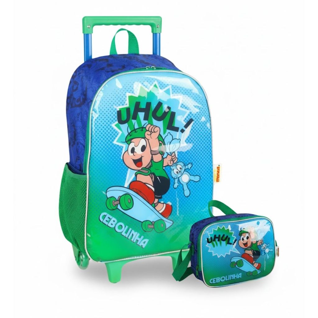 KIt Mochila Rodinhas Cebolinha Lancheira Verde Turma Da Mônica Luxcel