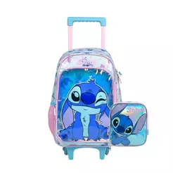 Kit Mochila de Rodinha e Lancheira Térmica Infantil Feminina Stitch Azul