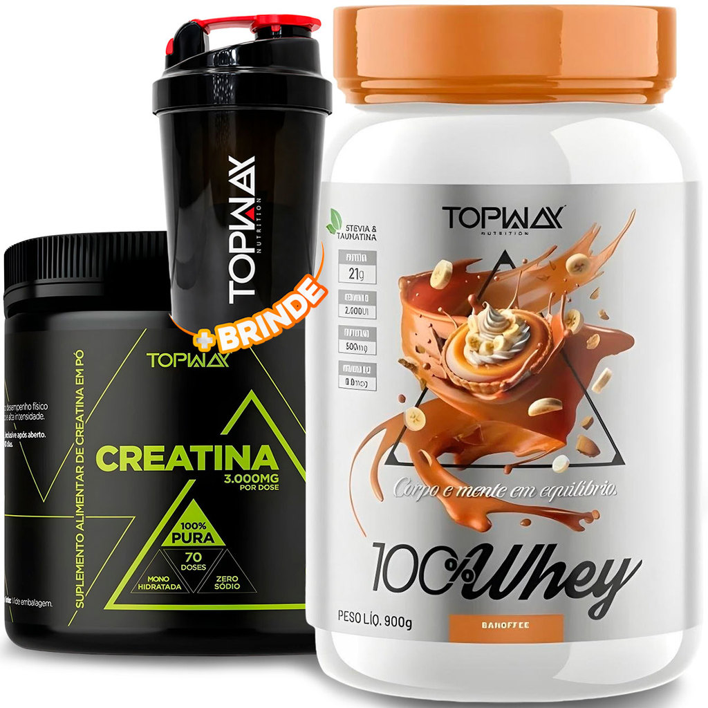 KIT TopWay Suplemento Alimentar Whey Protein 100% 900g Banofee + Creatina em Pó 210g Monohidratada