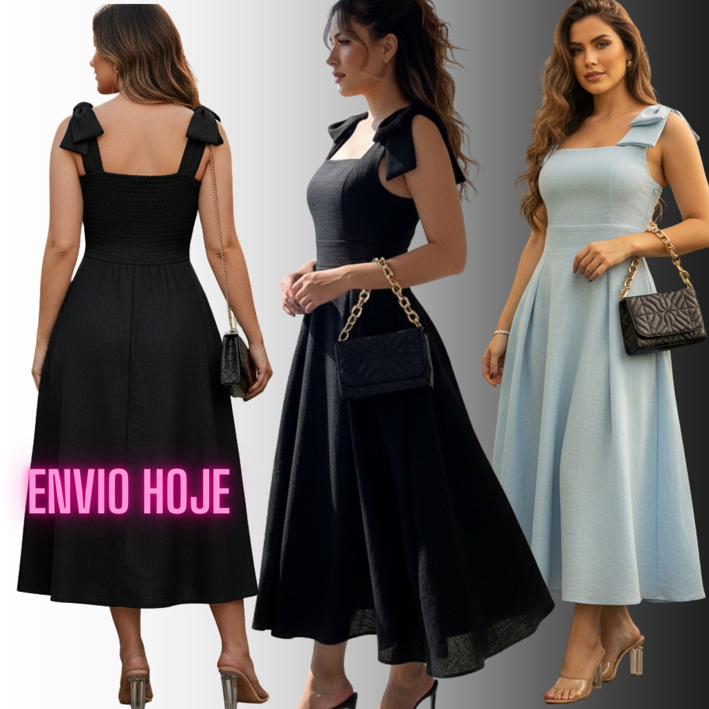 Vestido Feminino Longo Duna Linho Alça Laço Lastex Plus Size P ao G2